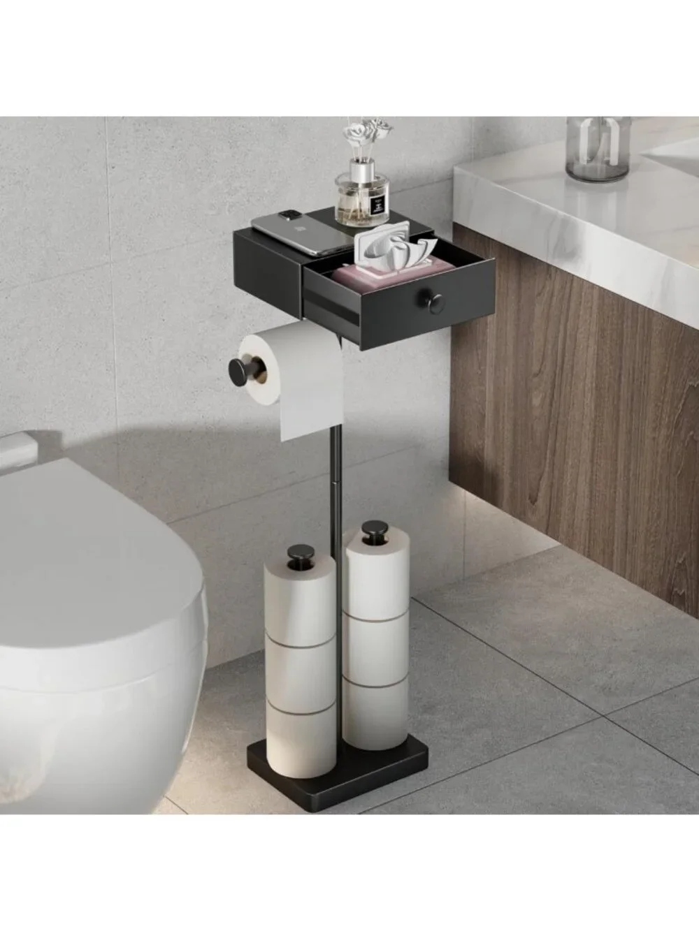Freestanding Black Toilet Paper Holder with Shelf & Wipes Drawer - Heavy Duty